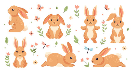 Adobe illustrator vector artwork set of cute rabbits in various poses, adorned with butterflies, flowers, and leaves. Perfect for spring, Easter, nature, and animal themes