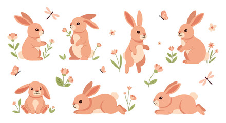 Adobe illustrator vector artwork set of cute rabbits in various poses, adorned with butterflies, flowers, and leaves. Perfect for spring, Easter, nature, and animal themes