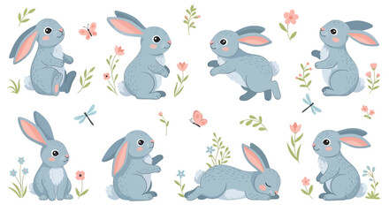 Adobe illustrator vector artwork set of cute rabbits in various poses, adorned with butterflies, flowers, and leaves. Perfect for spring, Easter, nature, and animal themes
