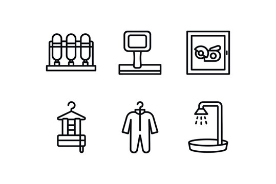 outline stroke icon SCBA cylinder rack, thermal imager shelf, rescue saw cabinet, high rise pack hook, hazmat suit hanger, decon shower kit, monoline icons style isolated