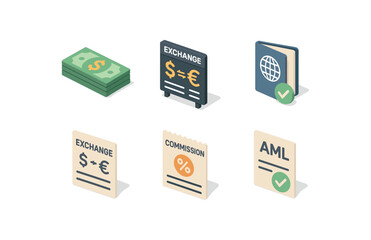 icon foreign cash stock, exchange rate board, passport verification, exchange receipt, commission charge, AML check , , , , isolated