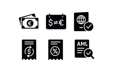 solid icon foreign cash stock, exchange rate board, passport verification, exchange receipt, commission charge, AML check isolated