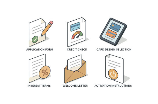 icon application form, credit check, card design selection, interest terms disclosure, welcome letter, activation instructions, , , , , isolated