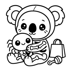 Kawaii baby koala in skeleton costume hugging spider, Halloween coloring page

