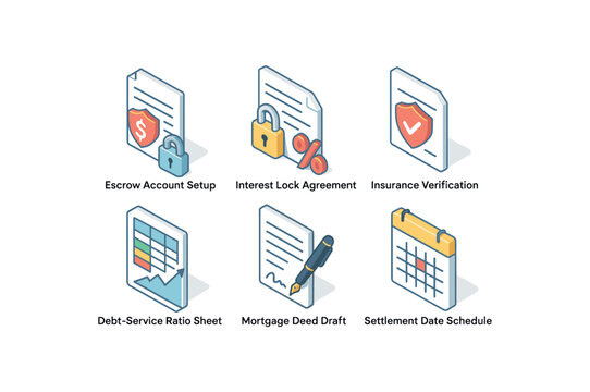 icon escrow account setup, interest lock agreement, insurance verification, debt service ratio sheet, mortgage deed draft, settlement date schedule , , , , isolated