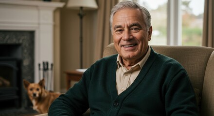 A Smiling Elderly Man Relaxing Inside His Home