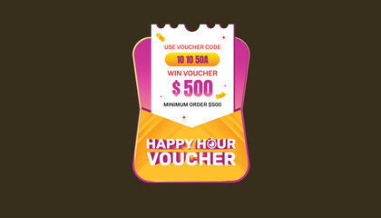 Happy Hour Pop-Up Voucher design featuring bold typography and bright gradient colors.