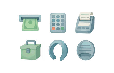 watercolor icon withdrawal slot, PIN keypad, card reader, receipt printer, cash cassette, anti skimming shield, paint colored isolated