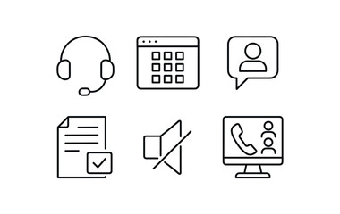 outline stroke icon headset with mic, dialer software screen, customer account prompt, scripted response sheet, mute button console, call queue monitor, monoline icons style isolated