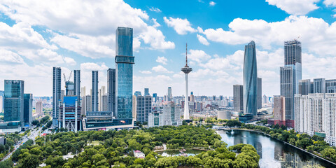 Fototapeta premium High angle view of Color TV Tower and Youth Park in Shenyang, Liaoning Province, China