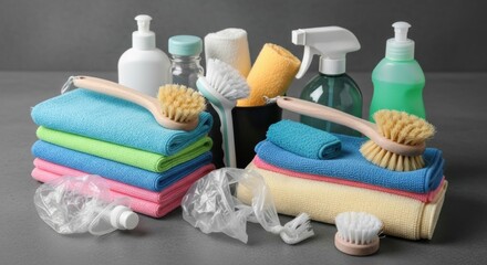 Assorted cleaning supplies with brushes, towels, and bottles on gray background