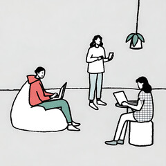 Man and woman working and relaxing in office and outdoor settings illustration