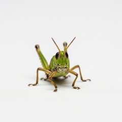 Close-Up of a Green Grasshopper Facing Forward on a White Background