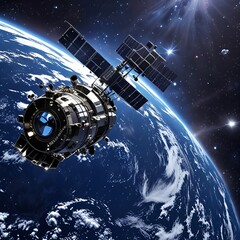 Sleek High-Tech Artificial Satellite Orbiting Earth Amid Twinkling Stars