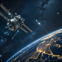 Sleek High-Tech Artificial Satellite Orbiting Earth Amid Twinkling Stars