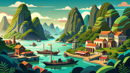 Ha Long City, Vietnam – Karst peaks rise from emerald waters beside bustling ports. The land-sea contrast offers stunning vector-ready scenes.