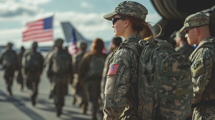 A group of soldiers in uniform, with one soldier in focus wearing a backpack and sunglasses, standing near an American flag.