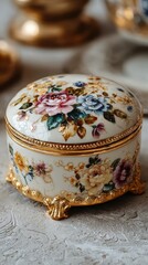 Decorative vintage porcelain trinket box with floral design and gold accents displayed on a textured surface