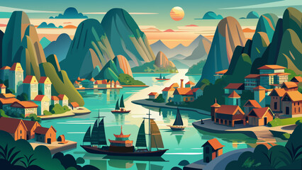 Ha Long City, Vietnam – Karst peaks rise from emerald waters beside bustling ports. The land-sea contrast offers stunning vector-ready scenes.