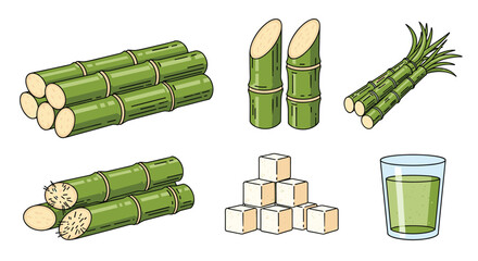 Sweetener ingredients sugarcane stalks cubes and juice for sweet treats and beverages