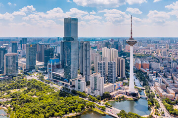 Obraz premium High angle view of Color TV Tower and Youth Park in Shenyang, Liaoning Province, China