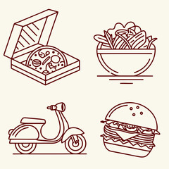 Food icons with pizza, salad, burger, and scooter delivery service