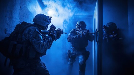 Three armed soldiers in tactical gear engage in a close-quarters combat scenario inside a smoke-filled, dimly lit building.