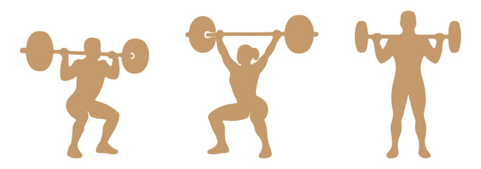 Male bodybuilder silhouettes, muscular poses, fitness figure collection, flexing muscles, strong man body, gym training concept, vector isolated set