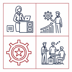 Business icons with gear, graph, meeting, and laptop