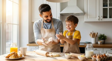 Father and son baking together happy family time in kitchen learning to bake home cooking baking class
