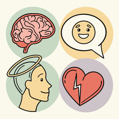 Icons representing mental health, spirituality, love, and positive thinking
