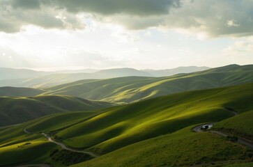 Bend and Flow A Serene Landscape of undulating Hills Under a Radiant Sky
