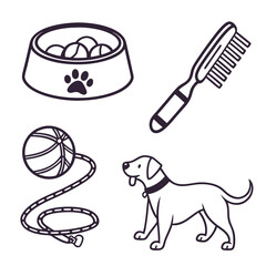 Dog bowl, brush, ball, and dog on a white background