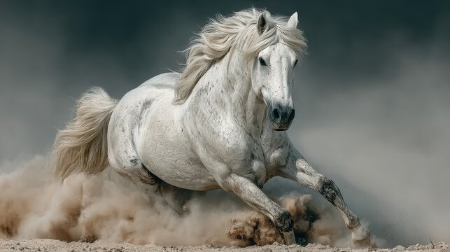 Majestic white horse galloping across sandy terrain with mane flowing in the wind