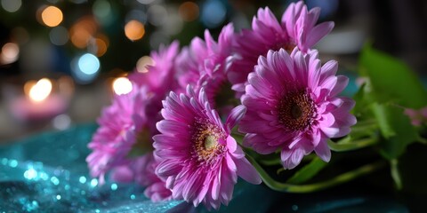 Vibrant pink flowers enhance a festive setting with soft lighting and decorative elements