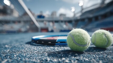 Tennis balls and racket resting on court surface during bright day at local sports complex