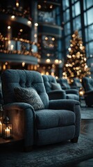 Cozy recliner by the fireplace in a stylish lounge with festive decorations during the holiday season