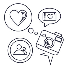 Social media icons include a heart, camera, and group of people
