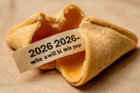 Cracked fortune cookie with 2026 message