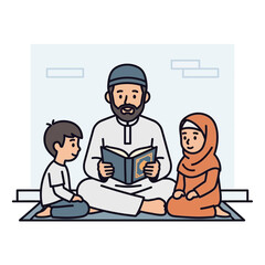 Father reading book to children on prayer mat illustration islamic family.