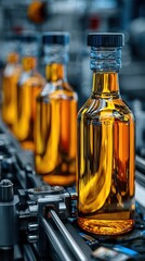 Bottles filled with amber liquid on a factory production line during daylight hours in an industrial setting