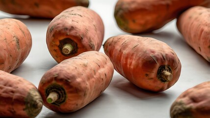 Obraz premium Top view of orange sweet potatoes with realistic skin and texture on smooth matte white surface, perfect for clean food photography collections, each image must differ in shape, arrangement, or perspe
