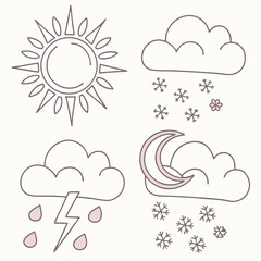 Weather icons showing sun, clouds, rain, snow, moon isolated on white background