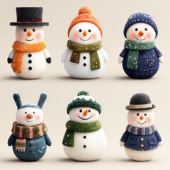 Snowmen group wearing colorful accessories during winter season in a cozy indoor setting