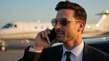 Businessman on Call: Suited man in his 30s exits private jet vehicle with executive success. - Powered by Adobe