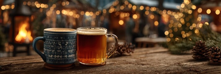 Warm beverages on a rustic table at a winter market under festive lights