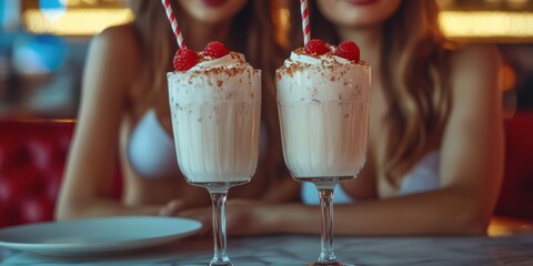 Women enjoying milkshakes at a retro diner during a summer evening