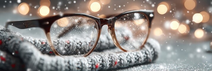 Winter season accessories featuring stylish glasses on a cozy knitted scarf with snow and warm lights