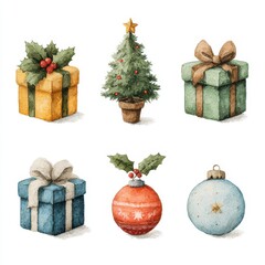 Decorative holiday gifts and ornaments arranged on a white background, showcasing festive elements for seasonal celebrations