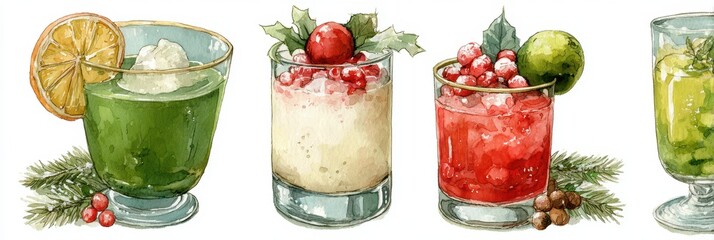 Colorful holiday cocktails displayed in festive glasses with garnishes and seasonal decorations